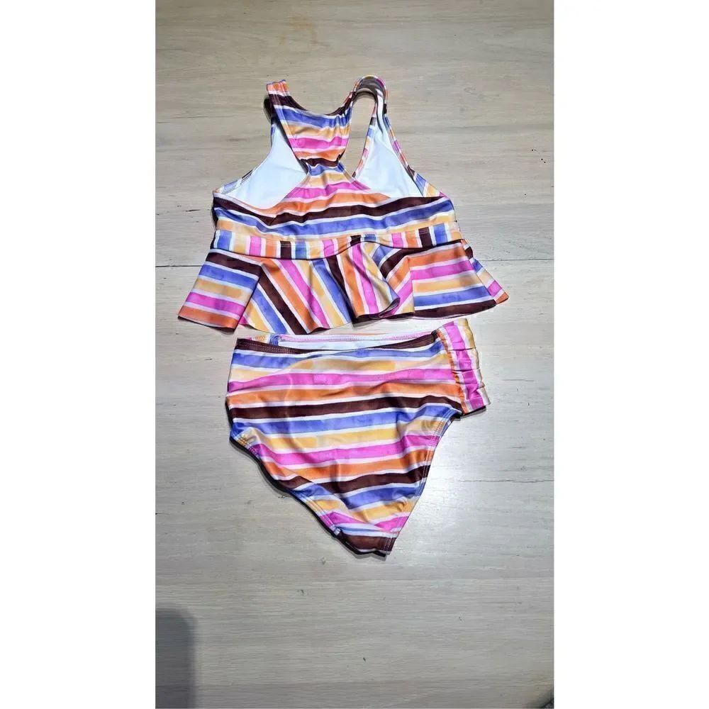 Wonder Nation Girls Striped Two-Piece Tankini Swim Set Multi-Color Size Medium - Picture 6 of 7